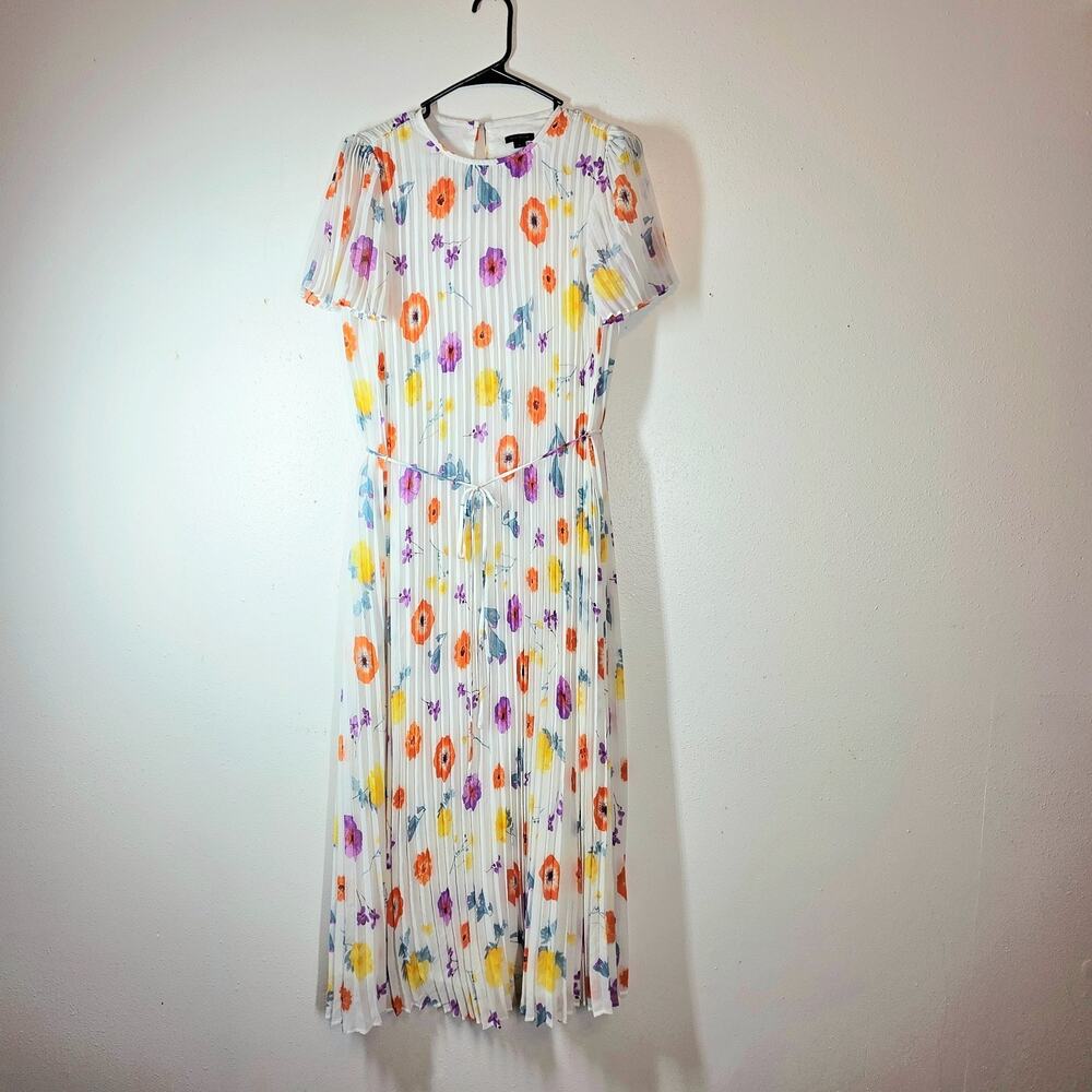 Ann Taylor Floral Pleated Maxi Dress Women’s Medium White Short Sleeve Lined